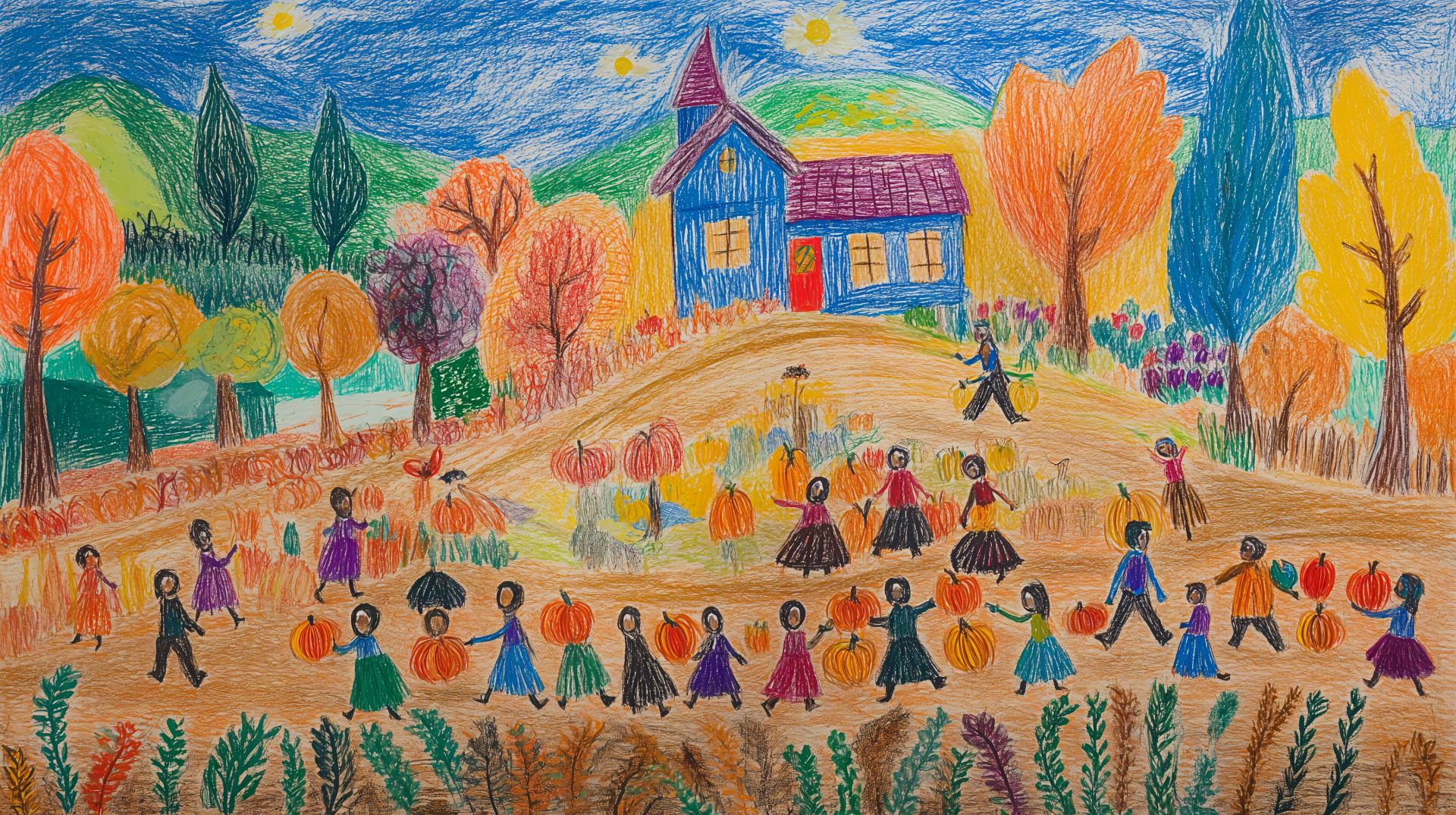 A vibrant autumn scene captures a harvest festival with colorful trees and people joyfully carrying pumpkins near a charming blue house. A delightful 4K Ultra HD wallpaper.