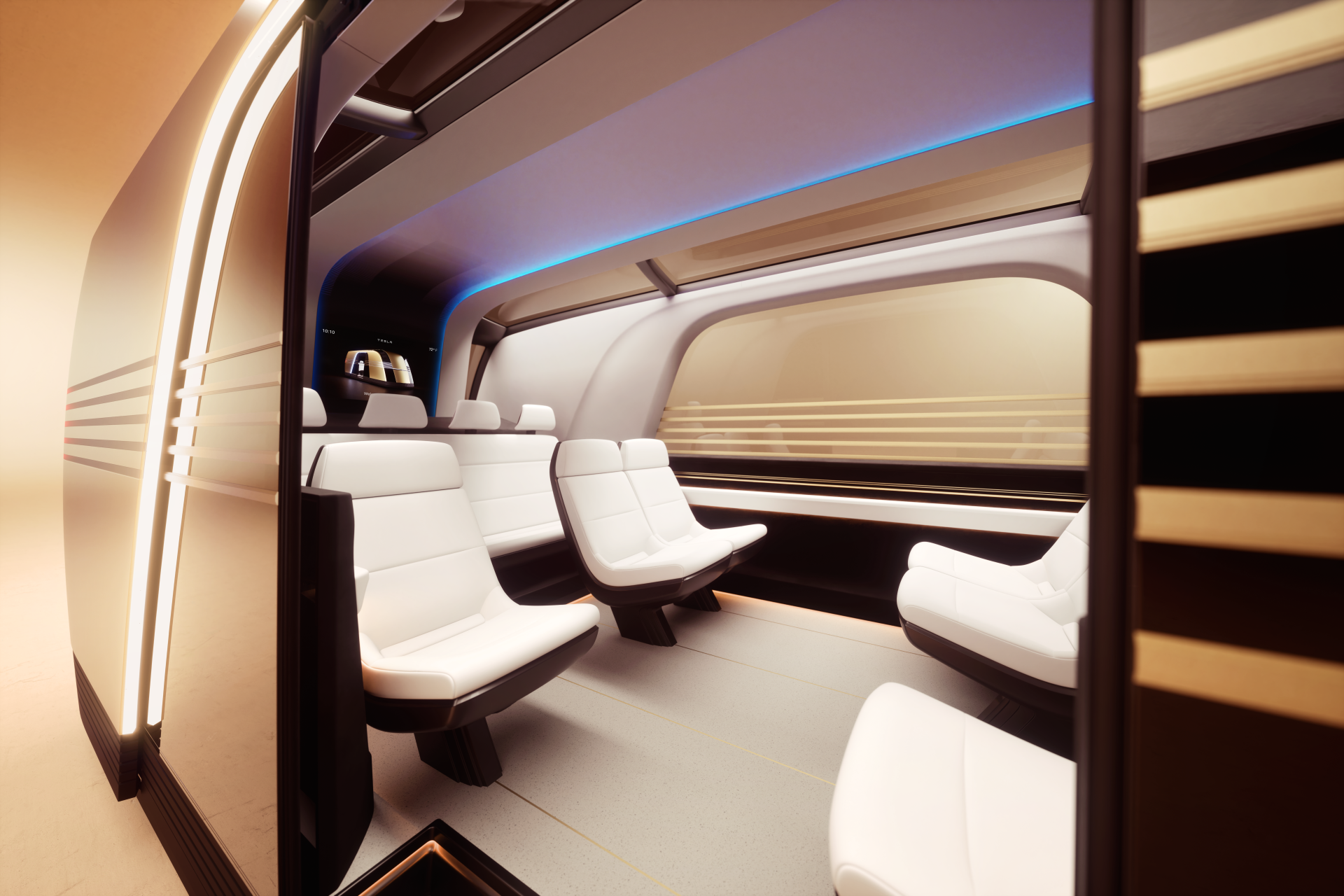 A sleek interior of a Tesla robovan featuring modern white seating and ambient lighting, captured in stunning 8K Ultra HD for an immersive desktop background.