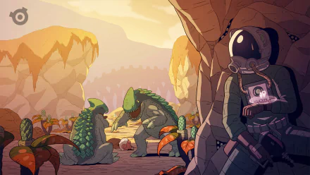 A stunning HD desktop wallpaper featuring a sci-fi scene with an astronaut and an alien, blending vibrant colors and imaginative design for a captivating background.