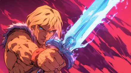 A dynamic HD desktop wallpaper featuring He-Man wielding his iconic sword, capturing the essence of the beloved TV show in vibrant detail.