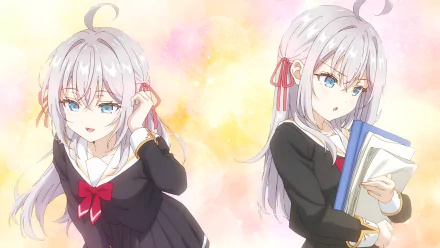 Anime-style 4K Ultra HD wallpaper featuring Alisa Mikhailovna Kujou from Alya Sometimes Hides Her Feelings, showing two expressions against a soft pastel background.