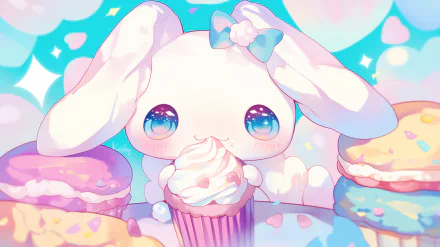 A whimsical HD desktop wallpaper featuring Cinnamoroll, a cute anime character, joyfully holding a muffin surrounded by colorful baked treats and a dreamy pastel background.