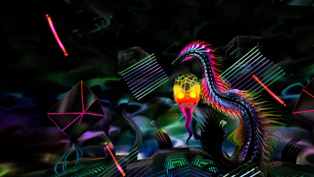A vibrant abstract design features a colorful serpent-like creature amidst dynamic geometric shapes and neon lights, inspired by the video game Thrasher (2024). HD desktop wallpaper.