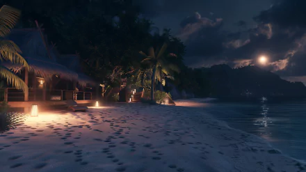 A serene sandy beach at night, illuminated by soft lights and a glowing moon. This HD desktop wallpaper captures the tranquil beauty of the coastal landscape.