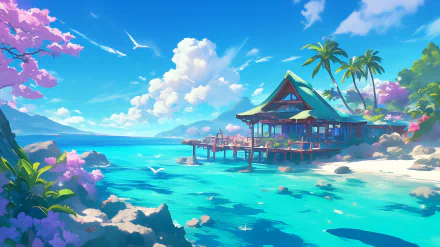 A vibrant beach house nestled by turquoise waters, surrounded by lush greenery and blooming flowers, capturing the essence of an island paradise in an HD wallpaper scene.