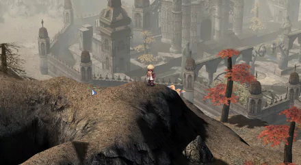 A character stands on a rocky outcrop in a detailed landscape from Ragnarok Online, featuring majestic architecture and autumn foliage in the background. HD desktop wallpaper.