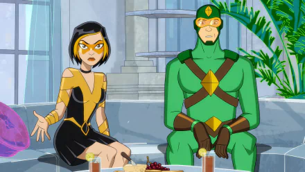 Kite Man: Hell Yeah! HD wallpaper featuring two animated characters, one in a stylish black and gold outfit and the other in a green superhero costume, seated with drinks in a modern setting.