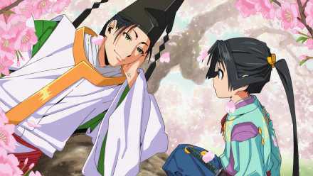 A serene moment captured in The Elusive Samurai, featuring two characters surrounded by blossoming cherry trees, creating a vibrant HD desktop wallpaper and background.