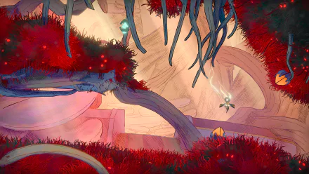 A vibrant HD desktop wallpaper from the video game Mio: Memories in Orbit, featuring lush red vegetation, mystical lights, and a whimsical atmosphere.