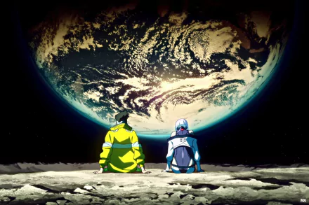 Cyberpunk: Edgerunners HD PC desktop wallpaper featuring two characters sitting on a lunar surface, gazing at a detailed Earth against the dark space backdrop.