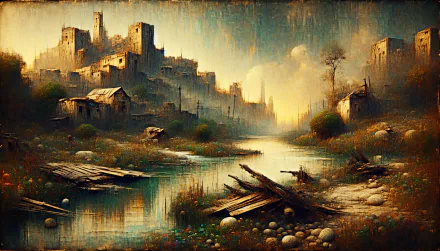 A grunge-inspired HD desktop wallpaper featuring a desolate landscape with abandoned structures, a serene river, and overgrown vegetation under a moody sky.