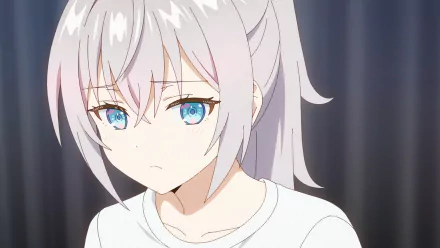 HD anime wallpaper featuring Alisa Mikhailovna Kujou from Alya Sometimes Hides Her Feelings with light hair and blue eyes, set against a dark blurred background.