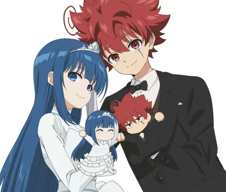 HD PC desktop wallpaper featuring Taiyo Asano and Mutsumi Yozakura from the anime Mission: Yozakura Family, holding matching dolls in formal attire.