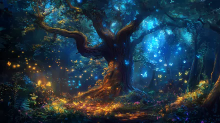 A serene magical forest scene, featuring vibrant greenery and enchanting lighting, designed as an HD desktop wallpaper and background.