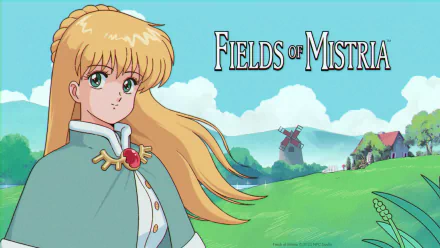 HD desktop wallpaper for the video game Fields of Mistria, featuring an illustrated character against a vibrant landscape with a windmill and rolling hills.