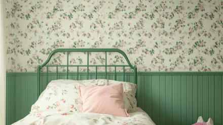 A preppy bedroom interior featuring a cozy bed, designed as a high-definition desktop wallpaper and background to enhance your space.