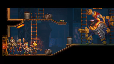 A vibrant HD desktop wallpaper from SteamWorld Heist II featuring robotic characters strategizing against a large enemy with a powerful weapon in a detailed, industrial setting.
