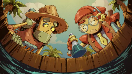 A dynamic HD desktop wallpaper featuring characters and scenes from the video game SteamWorld Heist II, showcasing its unique art style and engaging atmosphere.
