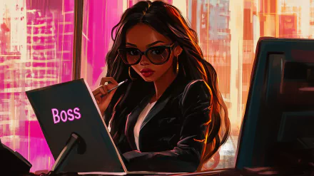 A confident woman in stylish glasses sits at a desk with a laptop displaying the word Boss. The vibrant cityscape background enhances the empowering atmosphere. HD desktop wallpaper.