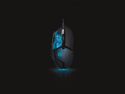 A sleek Logitech gaming mouse with glowing accents, set against a dark backdrop, features intricate tech design for an impressive desktop wallpaper.