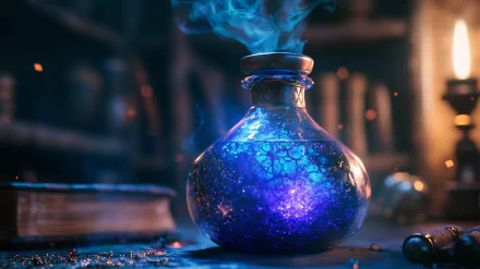 A vibrant, magical potion bottle emits swirling blue smoke, set against a backdrop of enchanting shelves filled with mysterious artifacts. Captivating fantasy HD wallpaper for desktop.