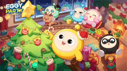 A colorful scene from the video game Eggy Party, featuring adorable characters celebrating around a decorated Christmas tree, surrounded by gifts and festive decorations.