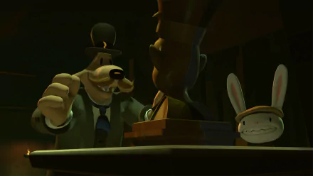 HD wallpaper featuring characters from the video game Sam & Max: The Devil's Playhouse, showcasing a humorous scene with Sam, a dog detective, and Max, a mischievous rabbit.