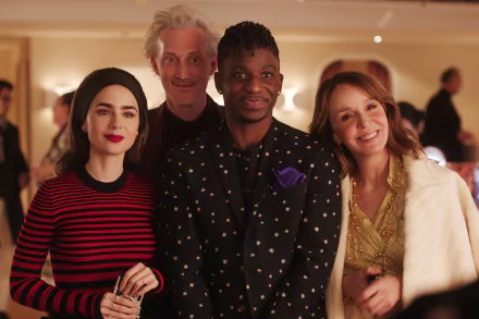 HD desktop wallpaper featuring elements from the TV show Emily in Paris, showcasing the series' vibrant aesthetic and charming Parisian flair.