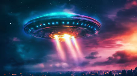 A vibrant HD sci-fi wallpaper depicting a UFO invasion, featuring a glowing spaceship emitting beams of light over a cityscape against a dramatic night sky.