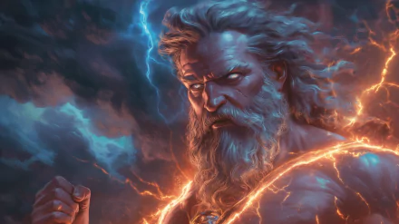 A powerful depiction of Zeus, featuring his fierce expression, lightning, and flowing hair, serves as a striking HD desktop wallpaper and background.