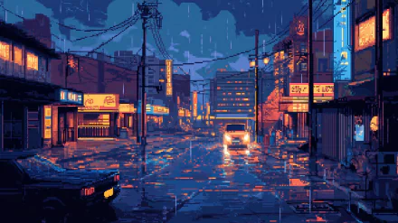 A vibrant pixel art depiction of a rainy city street, featuring illuminated storefronts and glistening pavement. This HD wallpaper captures the mood of a lively urban scene.