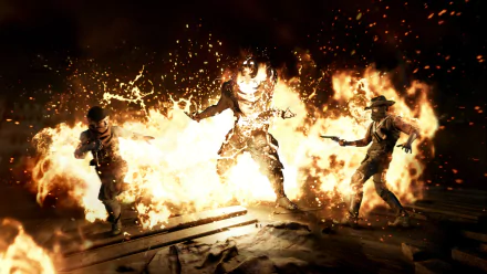 A striking HD wallpaper from the video game Hunt: Showdown, featuring two hunters confronting a fiery beast in a dramatic, action-packed scene.