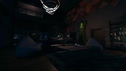 A dark, stylish room featuring modern furnishings, with a dramatic ceiling light. The atmosphere suggests a video game setting, reminiscent of Crime Scene Cleaner.