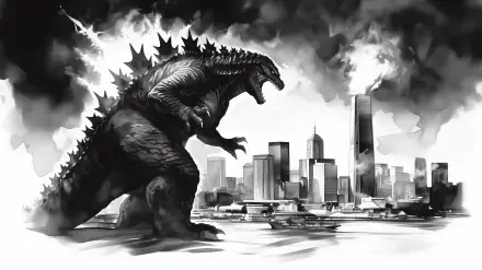 A dramatic black and white HD wallpaper featuring Godzilla towering over a city skyline, with smoke and light effects, capturing the iconic monster’s fierce presence in urban chaos.