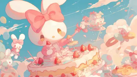 A whimsical HD wallpaper featuring My Melody from Onegai My Melody, playfully decorating a cake adorned with strawberries against a vibrant sky.