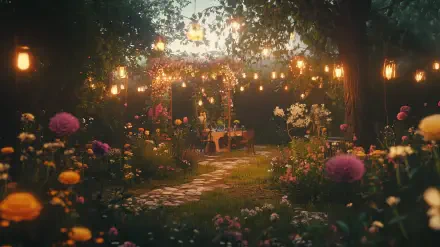 A serene backyard garden party scene with vibrant flowers, softly glowing lights, and a winding stone path, creating an inviting atmosphere for gatherings. HD desktop wallpaper.