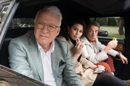 HD wallpaper featuring the stars of Only Murders in the Building: Steve Martin, Martin Short, and Selena Gomez, capturing the show's blend of comedy and mystery.