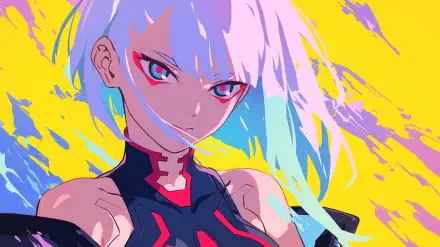 A stunning HD wallpaper featuring Lucy from *Cyberpunk: Edgerunners*, showcasing the vibrant and dynamic aesthetic of the anime's cyberpunk universe.