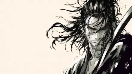 A stunning HD desktop wallpaper featuring characters and themes from the manga Vagabond, centered around the legendary swordsman Miyamoto Musashi.