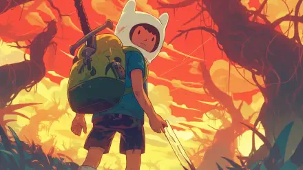Finn from Adventure Time stands confidently with a sword in an enchanting landscape, vibrant colors glowing in the background, creating a captivating HD desktop wallpaper.