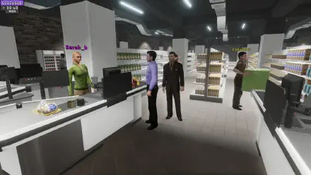 HD desktop wallpaper featuring a vibrant scene from the video game Supermarket Together, showcasing a lively supermarket environment.