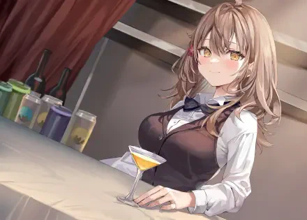 Anime girl Maria Mikhailovna Kujou from Alya Sometimes Hides Her Feelings stands behind a bar holding a cocktail, rendered in 4K Ultra HD for PC desktop wallpaper.