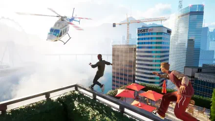 A dynamic HD desktop wallpaper featuring characters performing super moves on a skyscraper rooftop, with a helicopter hovering above a bustling cityscape.