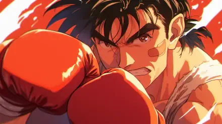 An HD desktop wallpaper featuring Mamoru Takamura from the anime Hajime no Ippo, showcasing his intense expression and boxing gloves, set against a dynamic background.