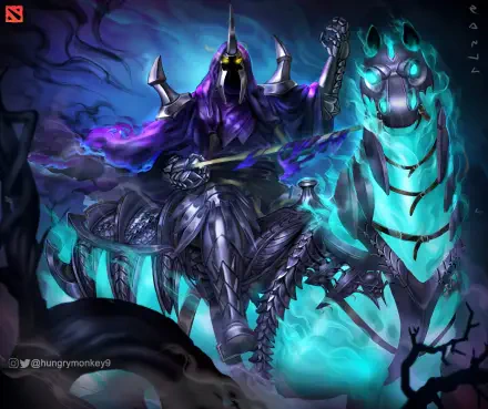 HD wallpaper featuring Abaddon from DotA 2, depicted in a striking fantasy scene with a ghostly horse, showcasing vibrant colors and intricate armor details.
