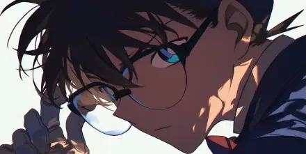 A striking HD desktop wallpaper featuring Conan Edogawa from Anime Detective Conan, showcasing his intense gaze and iconic glasses against a dramatic backdrop.