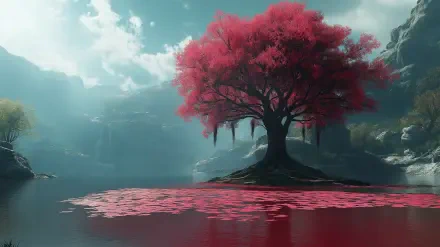 A vibrant AI art landscape of a red-leafed tree by a calm red lake, captured in HD detail as a PC desktop wallpaper and background.