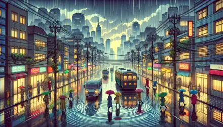 A vibrant HD desktop wallpaper depicting a rainy city scene, with people under umbrellas, reflections in puddles, and softly lit buildings against a moody sky.