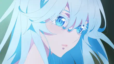 Anime close-up of Elfaria Alvis Serholt (Wistoria: Wand and Sword): blue eyes, long pale-blue hair, HD PC desktop wallpaper background.