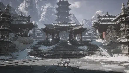 HD PC desktop wallpaper from Black Myth: Wukong, featuring a detailed snowy temple courtyard with traditional architecture and a lone figure in the foreground.